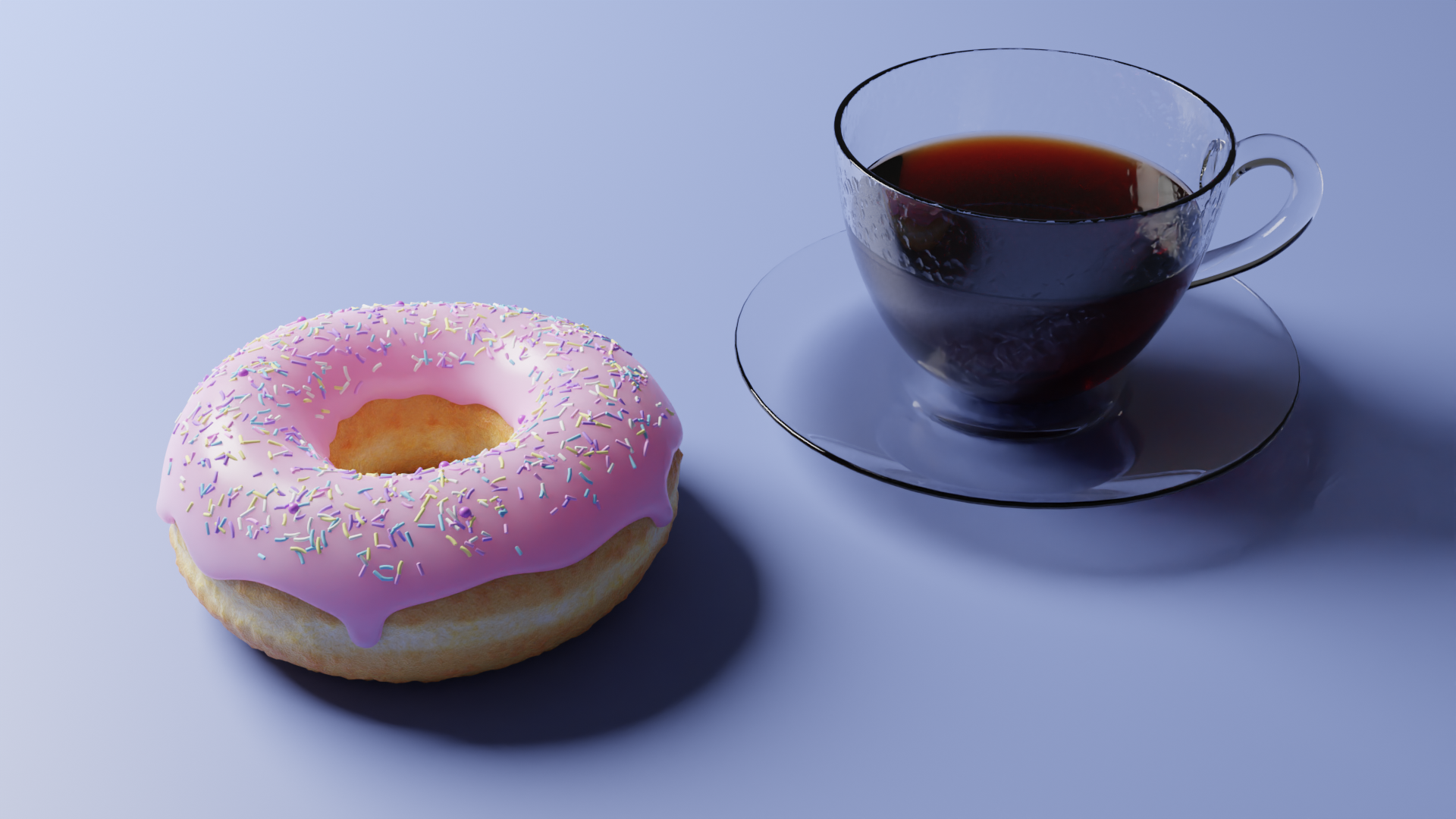 A render of a frosted donut & glass coffee cup.